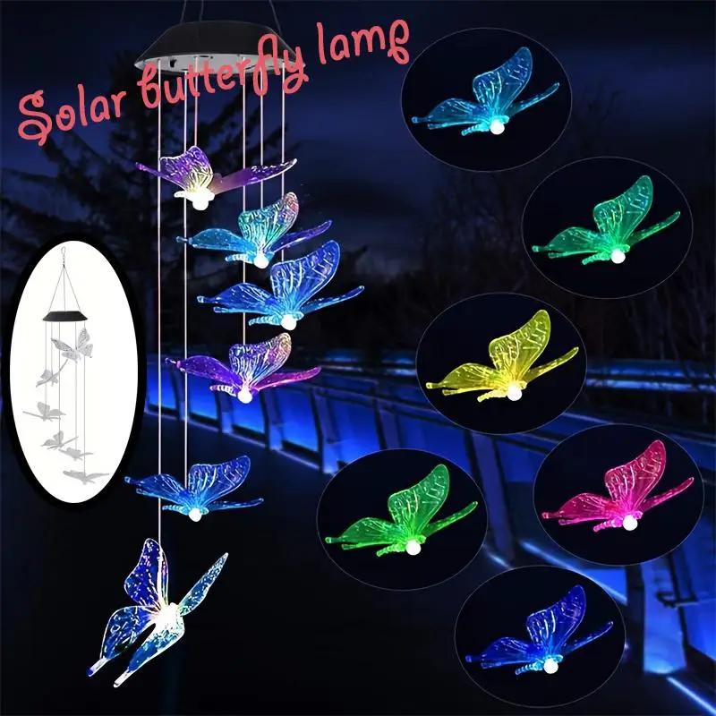 Butterfly Wind Chime Light, Solar Powered Color Changing Butterfly Wind Chime, Outdoor Lights, Romantic Butterfly Night Light for Outdoor Garden Decor