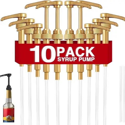 10-Pack Gold Coffee Syrup Pumps - Leak-Proof Plastic Kitchen Gadget, No-Spill Controlled Pour, Compatible with 25.4oz/750ml Coffee Flavoring Bottles, Home Kitchen Accessory