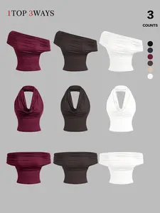 Y2K Multi-Style Top, Strapless One Shoulder Halter Design, Ruched Slim Fit, Versatile Fashion Piece for Women