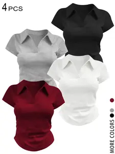 Women's 2026 4 Pcs Solid Color Slim Fit Polo Top Set，Trendy Y2K Cute Aesthetic V Neck Short Sleeve Tees，Viral TikTok Coquette Preppy Style Fashion for Daily Streetwear & Office Look，Versatile Outfits for Summer, Going Out, Work & Layering