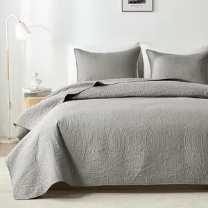 【Deep Color Series】Solid Gray Ultrasonic Quilt Set, 3 Piece Queen Size Bedding, Lightweight Soft Coverlet, Stitch-Free Modern Bedspread for All Seasons, Machine Washable