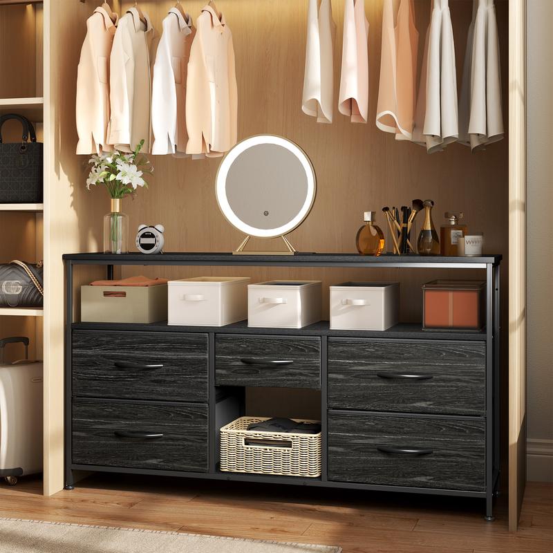 【Storage TV Stands】Raybee 30'' H Dresser with 5 Drawers,Old School & Chill Vibe TV Stands with Cabinets for Living Room with LED & Charge Station(2 USB Ports & 2 Power Outlets), Match 50 Inches TV,Combining Aesthetics with Practicality