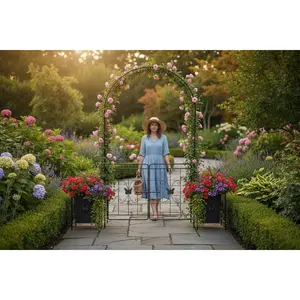 Metal Garden Arch Arbor with Gate and Side Panels for Climbing Plants, 7 ft