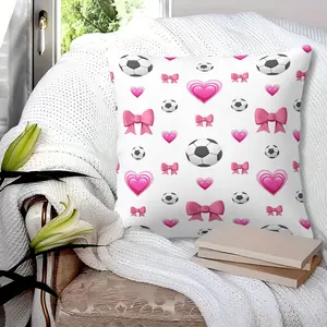 Soccer Balls & Pink Hearts Throw Pillow with Inner Cushion, 45cm Square Decorative Pillow, Digital Print Design Featuring Classic Black & White Soccer Balls, Glossy Pink Hearts & Large Bows, Perfect for Trendy Home Decor & Sofa! Contains Pillow Core.