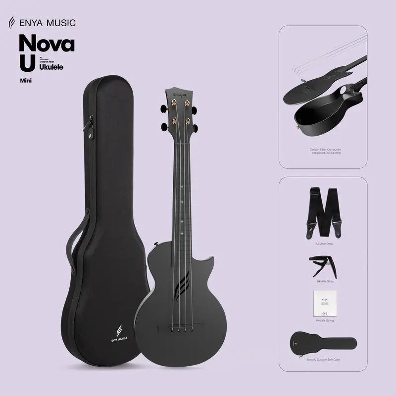 Enya Nova U 21-Inch Mini Soprano Ukulele Travel Guitar - Enya Music 4-String Carbon Fiber Waterproof Ultra-Portable Combination Kit (23*7*3 in) with Case, Strap, Capo, Strings - Beginner All-Weather, 12-Month Support, Christmas Gift