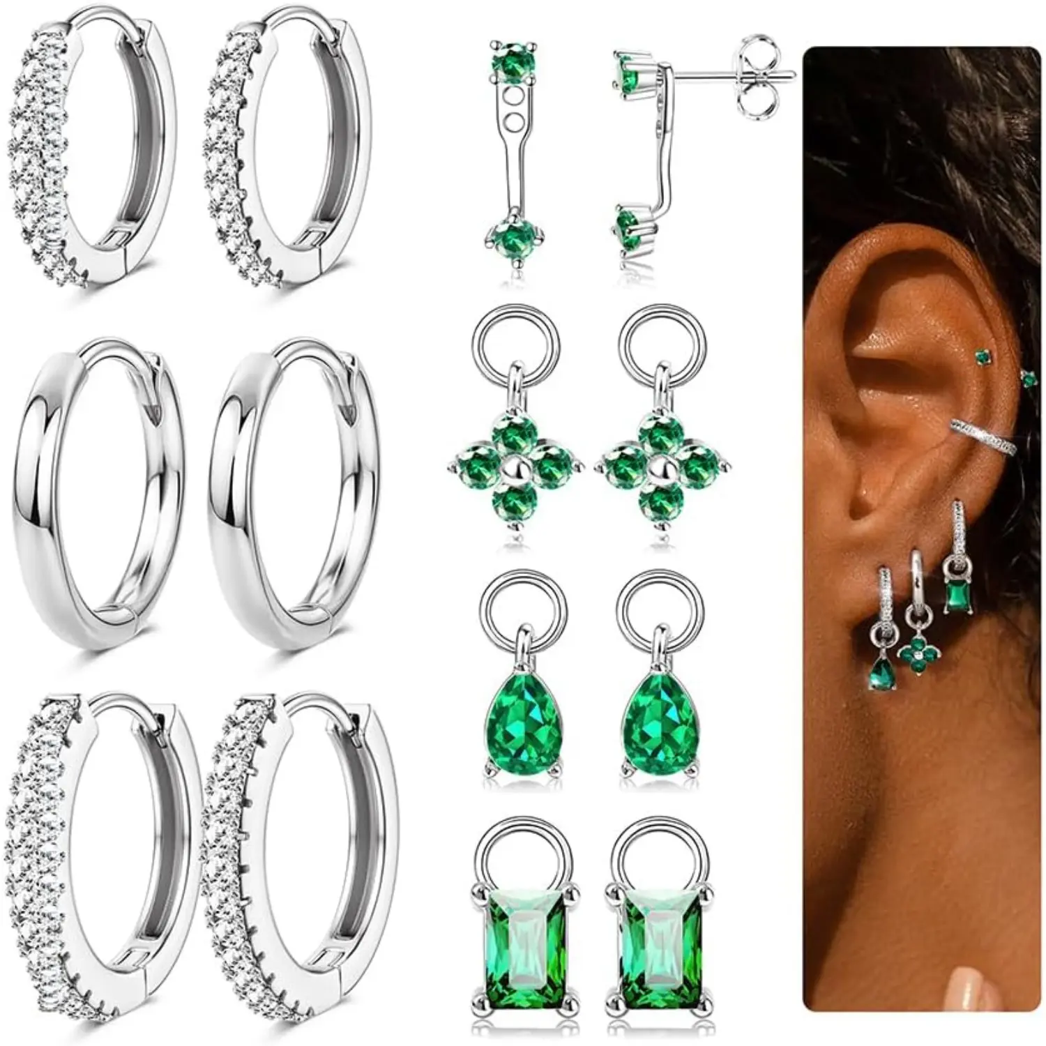 Silver Tone:Green CZ Hoop