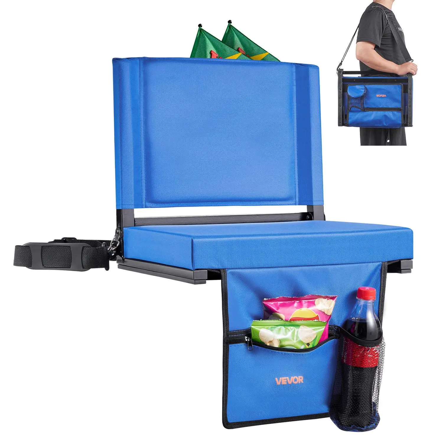 【SummerFinds】VEVOR Stadium Seat, Folding Bleacher Chair with Back Support and Thick Cushion, Padded Stadium Seat for Bleacher Includes Shoulder Strap, Hooks, Cup Holder, and Side Pocket, Blue Bleachers Chair