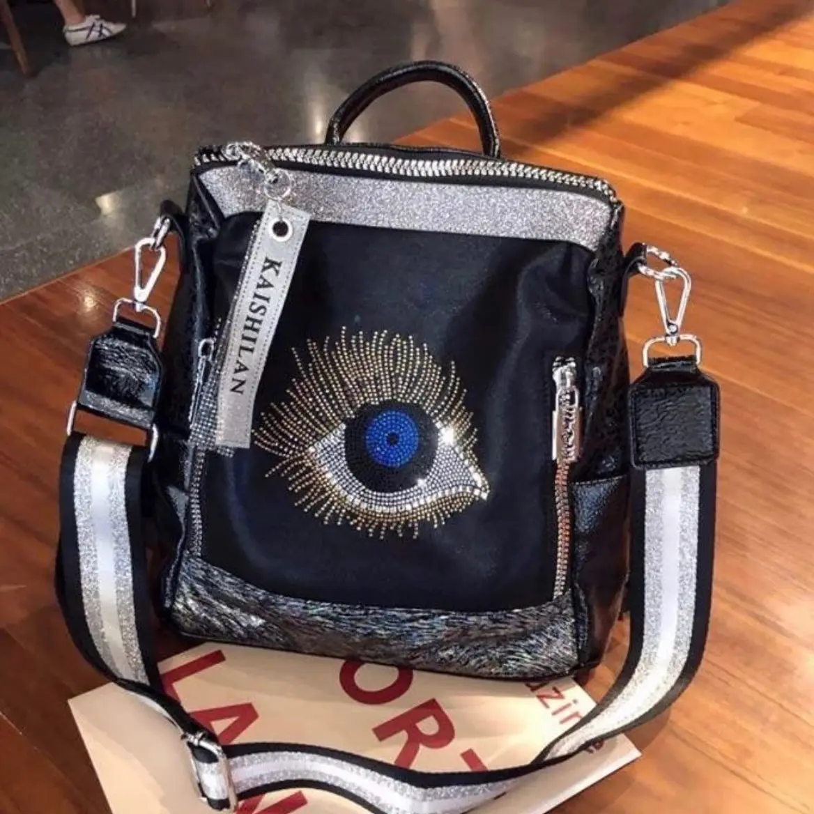 2023 Women Vegan Leather Stylish Shiny Rhinestone Evil Eye Big Capacity Backpack Gothic Casual Travel Work Laptop Daily Bagpack PU Leather PU Leather