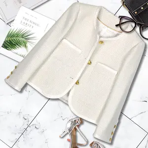 Elegant Women's Top Tweed Woolen Fabric Round Neck Button Double Pocket Long Sleeve Coat Casual Jackets for Socialite Women - Style, Elegance