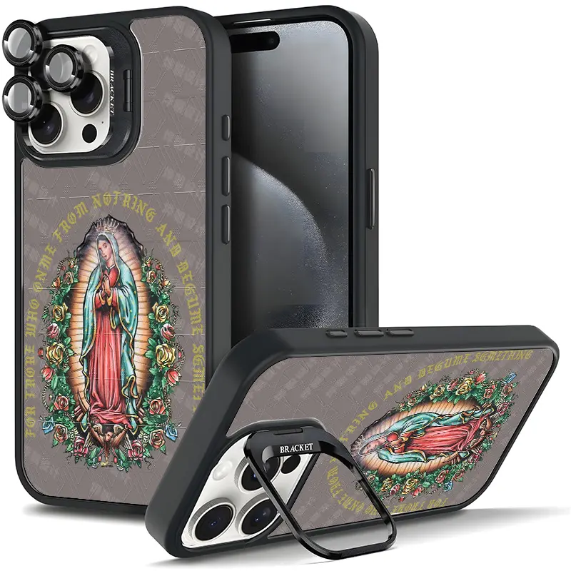 Shockproof TPU Smartphone Case Casing with Anti-Drop Corners for iPhone 17/Air/16/15/14/13/12/11 Pro Plus Max, Our Lady of Guadalupe & Motivational Slogan Design, Magnetic Frame Holder Stand, Metal Lens Camera Guard, Full Protection Gift (11X-L0568)