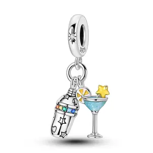 MULA S925 Silver-plated cocktail charm with colorful CZ and enamel decoration, martini glass and shaker, can be matched with Pandora bracelets and necklaces, a great gift for women and girls