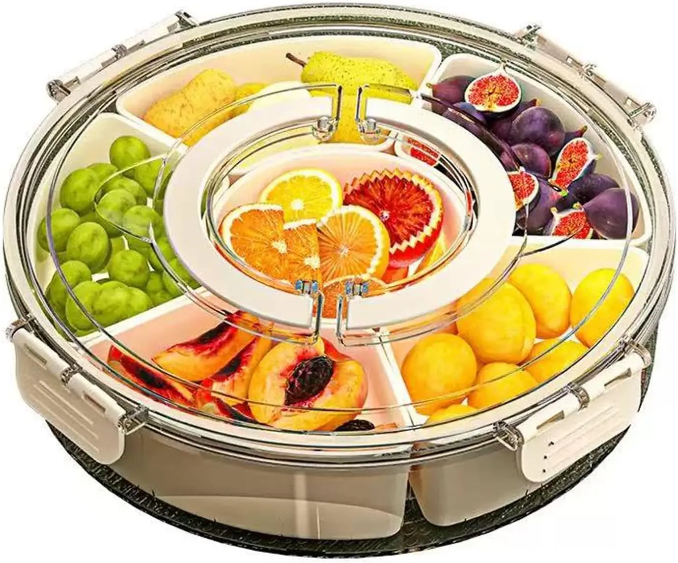 360° Rotating Lazy Susan Divided Serving Tray with Lid & Handle | 6 Removable Compartments Clear Snackle Box,BPA Free Round Portable Snack Tray for Fruit Veggie Candy Nut Party Picnic Travel