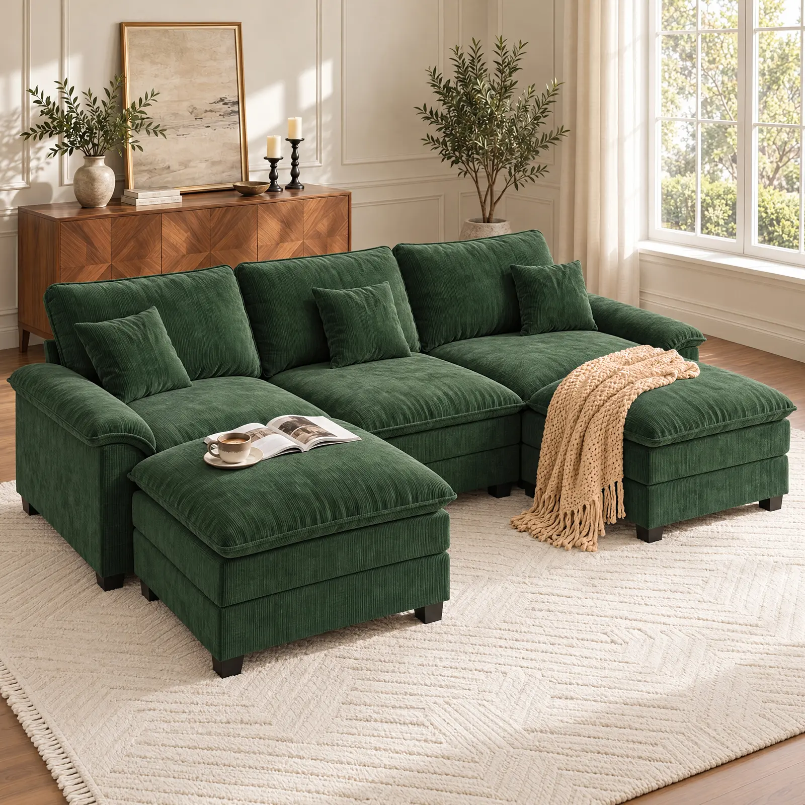 [3 Packages Shipping] 123'' Cloud Modular Couch Sofa, Oversized 3 Seat Comfy Sofa For Living Room, Sectional Couches With Ottoman, Detachable Seat Cushion & Backrest Cover, Chenille Fabric Beige
