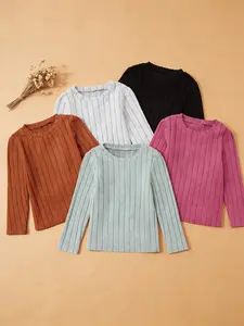 5Pcs Girls Basic Ribbed T-Shirt Long Sleeve Basic Top Crewneck Knit Pullover Stretchy Layering for Everyday Wear All Seasons