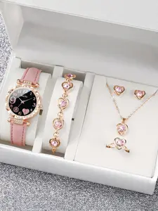 Elegant Wristwatch & Jewelry Set, Business Watch & Rhinestone Decor Heart Design Stud Earrings & Ring & Pendant Necklace & Bracelet, Chic Gorgeous Watch Set without Box As Gift,  Pink Quartz Watch, Valentine's Day, Gift