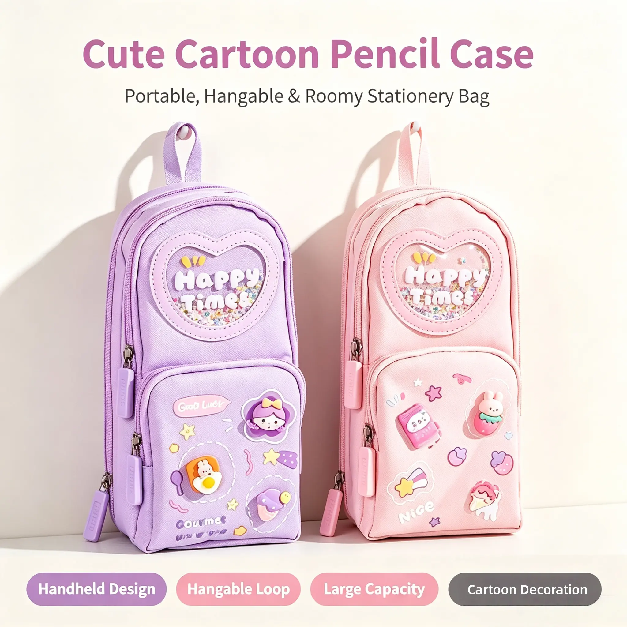 Ins Style Pencil Bag for Girls, Minimalist & Cute Cartoon Stationery Pouch, Large Capacity Pen Case for Primary & High School Students