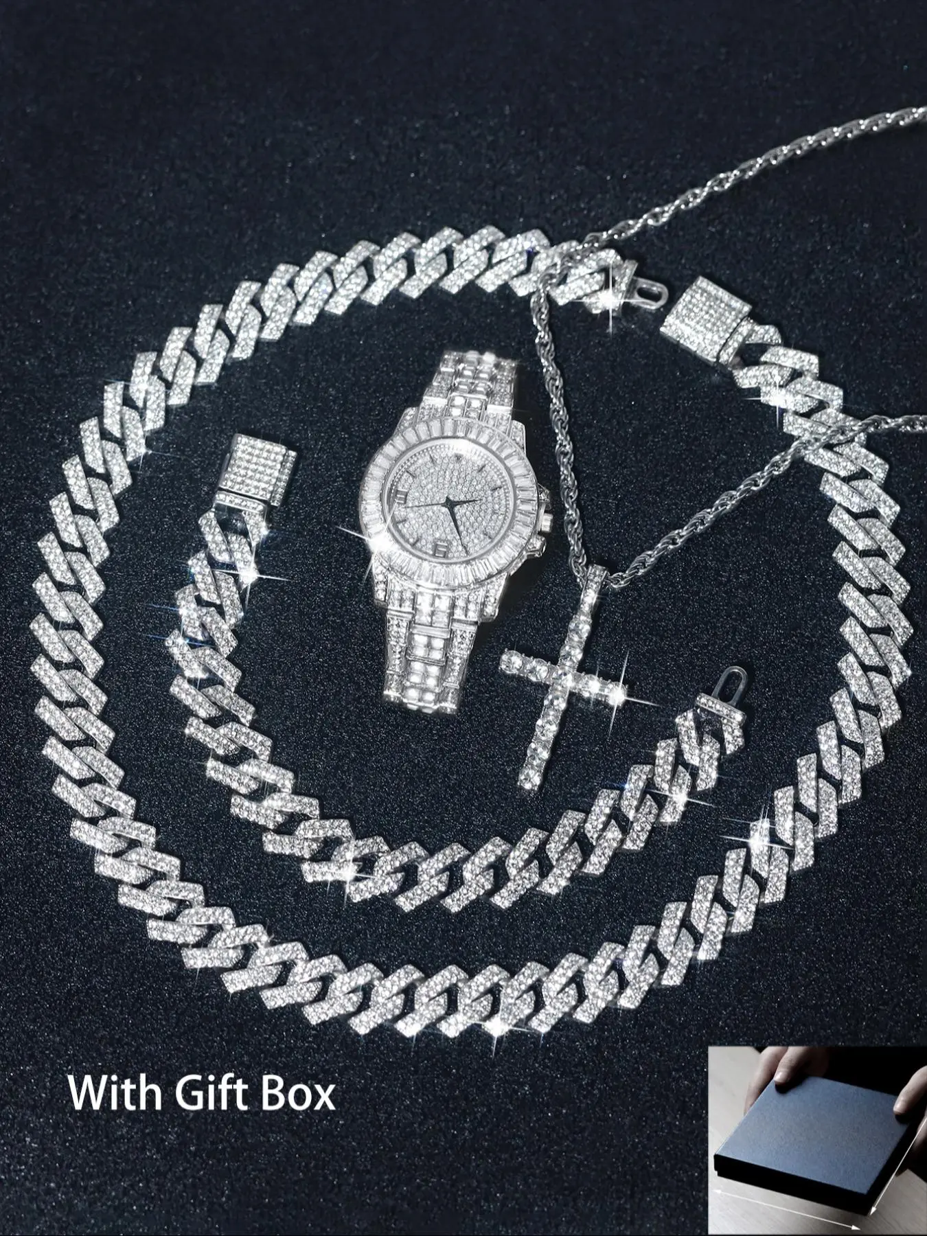 Men's Hip Hop Fashion Watch & Chunky Jewelry Set with Gift Box, Jewellery Gift Set, Quartz Movement Mechanism, Including Watch & Cross Pendant & Cuban Chain Necklace & Bracelet, Street Punk Luxury Party Accessories