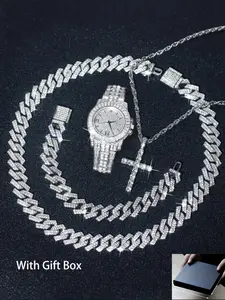 Men's Hip Hop Fashion Watch & Jewelry Set with Gift Box, Including Watch & Cross Pendant & Cuban Chain Necklace & Bracelet, Street Punk Luxury Party Accessories