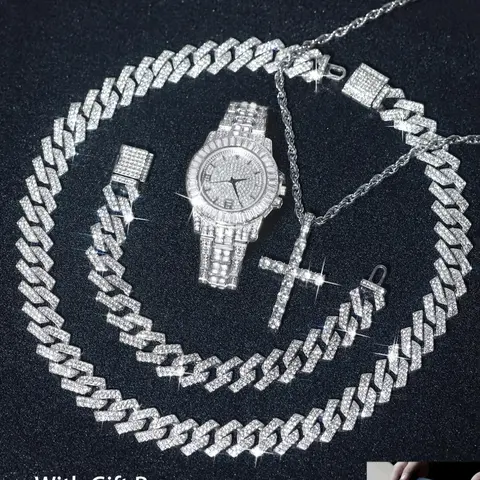 Men's Hip Hop Fashion Watch & Jewelry Set with Gift Box, Including Watch & Cross Pendant & Cuban Chain Necklace & Bracelet, Street Punk Luxury Party Accessories, Trendy Watch Set, Fashionable Jewelry Set