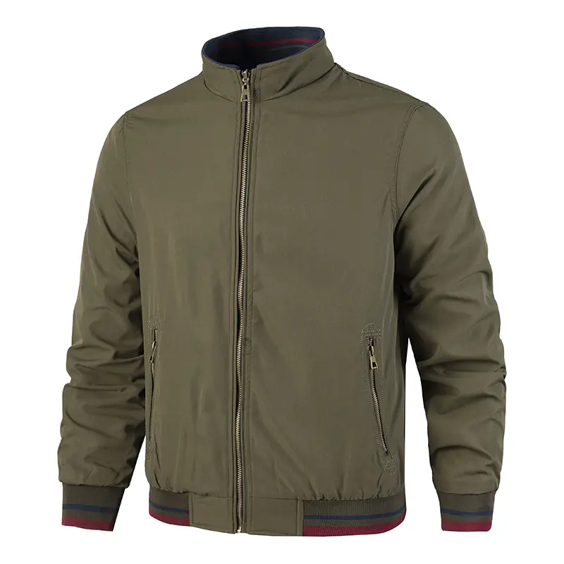 Men’s stand-collar jacket for spring/autumn, casual striped ribbed design with a gathered hem, aviator jacket suitable for middle-aged commuters