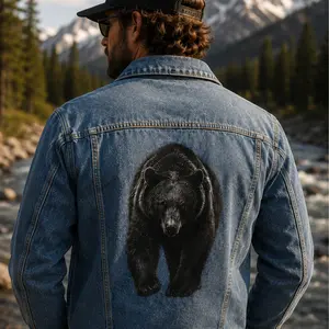 Black Feather Division Bear Denim Jacket | Rugged Outdoor Trucker Jacket for Hunters, Hikers & Campers | Vintage Bear Graphic Back Print | Montana-Inspired Wilderness Style | Men's Adventure Denim...