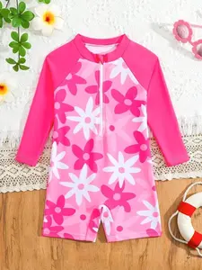 Girls Long Sleeve Floral One-Piece Swimsuit, UV Sun Protection Rash Guard Swim Dress