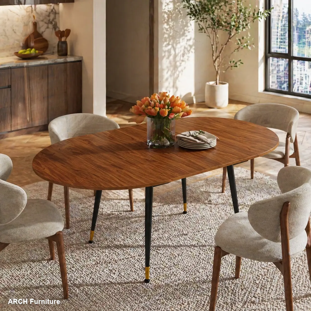 Modern Oval Extendable Dining Table - ARCH Walnut MDF Top, Sturdy Metal Base, Assembled Casual Child-Friendly Convertible Elliptic Table, Seats 6-10 for Dining Room, Kitchen Indoor Furniture, Assembled Dining Tables, Casual Dining Tables