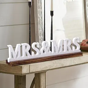 Rustic Mrs and Mrs Wedding Decor Sign for Table 16 Inch, Handmade Distressed White Wooden LGBT Signs for Home Decor, Farmhouse Lesbian Wedding Reception Decorations Valentine
