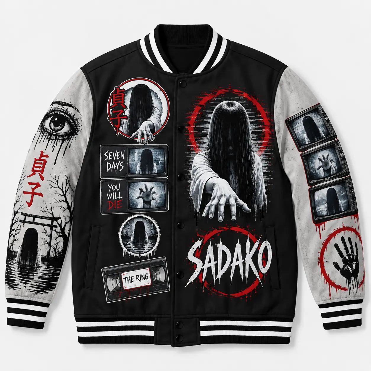 Sadako Yamamura Varsity DIEUAI Jacket All-Over Printed Graphic Japanese Ring Horror Apparel