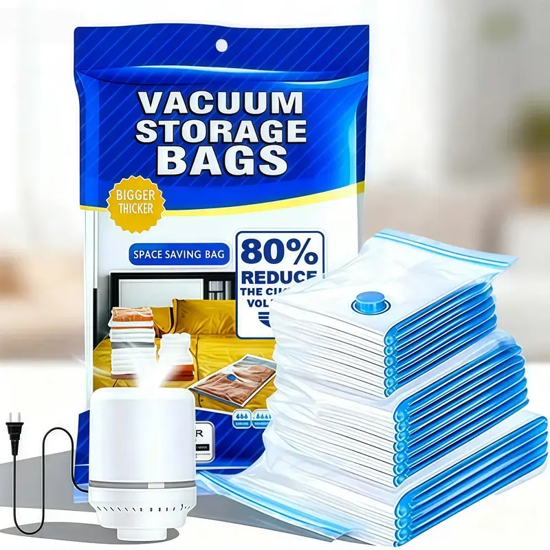 Travel Vacuum Storage Bag Set with Wired Air Pump, 12-Pack Carry-On Size Compression Bags for Luggage, Space Saver for Clothes and Bedding