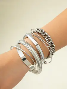 6 Pcs Silver Color Stackable Bracelet Set for Women, Punk Industrial Cuban Chain Open Cuff, Multi-Layer Metal Style, Street/party Fashion
