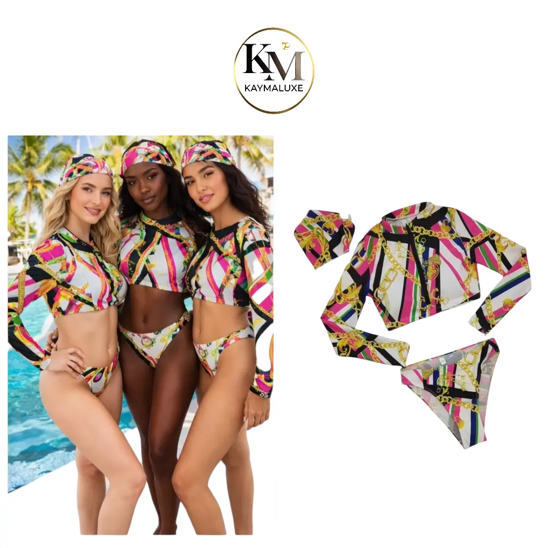 Kaymaluxe Women 3-Piece Bikini Set Long Sleeve Crop Top, Bottom, Bandana Set