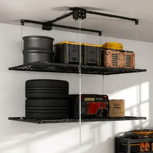 ARCH Overhead Double-Layer Garage Storage Rack 4x8 FT, 650LBS Capacity All-Steel Construction with Safety Lock, Heavy-Duty Ceiling Mounted Organizer for High Ceilings 10-12 FT, Black Carbon Steel, Smooth Silent Operation, Black Color Options