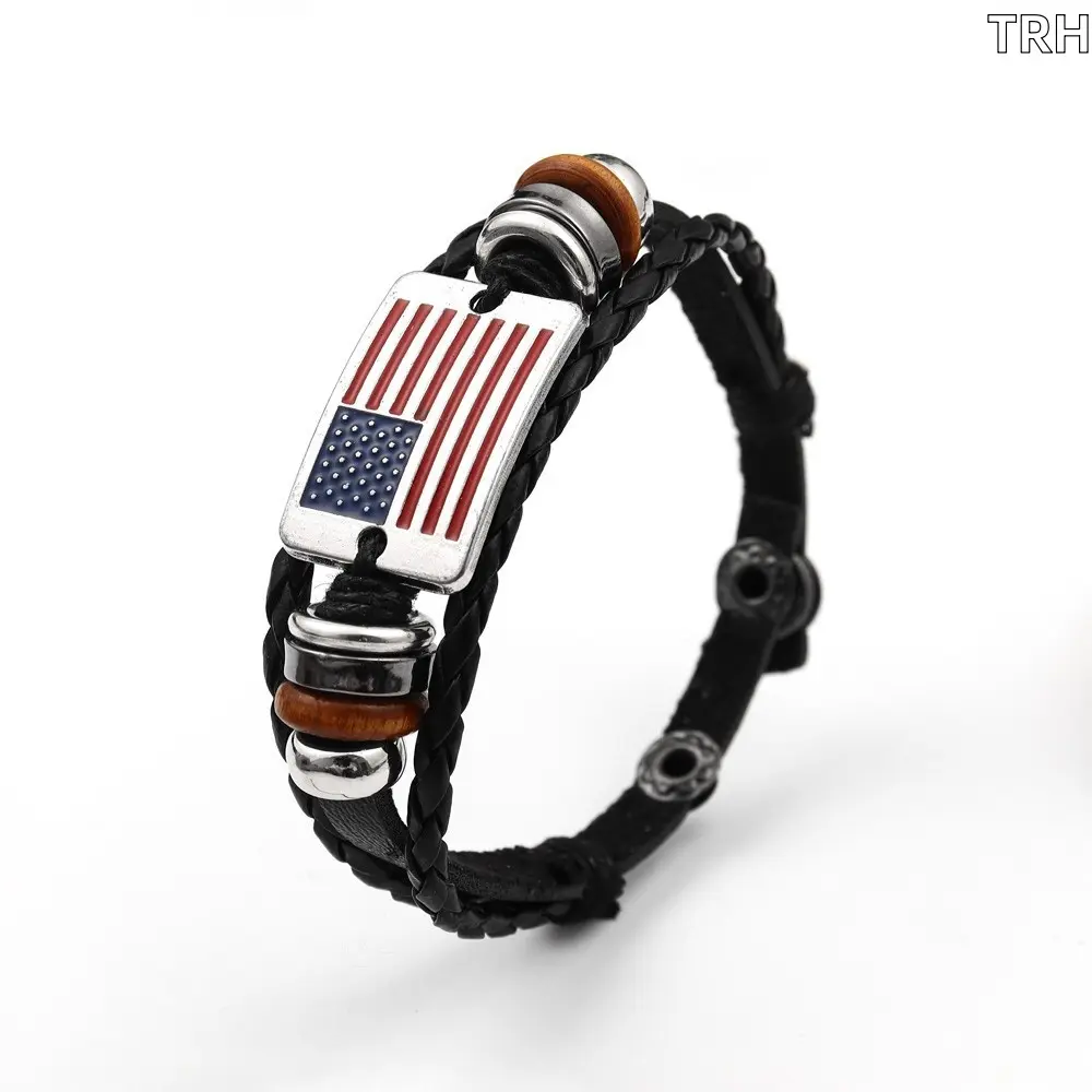 Vintage American Flag Braided Leather Bracelet for Men Women, Adjustable Multi Bead USA Patriotic Wristband, Western Stackable Faux Leather Wrist Jewelry Independence Day Party Accessory