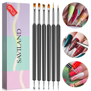 SAVILAND Nail Art Brushes Set - 6pcs Double-End Nail Art Brushes Kit with Painting Dotting Line Pen for Gel Polish, French Nails & Nail Care