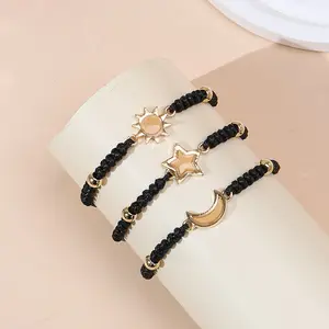 Matching Universe Promise Bracelets Pack Handcrafted Braided Macramé Wish Wristband Set with Sun Moon Star Charms Cute Relationship Gift for Couples BFF Sisters