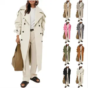 PASLTER Women's Oversized Long Double-Breasted Lapel Windproof Trench Coat with Belt, M7P203