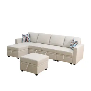 Off-White Sackcloth 6-Piece Sofa Bed Set, Breathable Woven Fabric Multi-Functional Couch, Space-Saving Sturdy Comfort Furniture for Living Room, Guest Room & Small Household