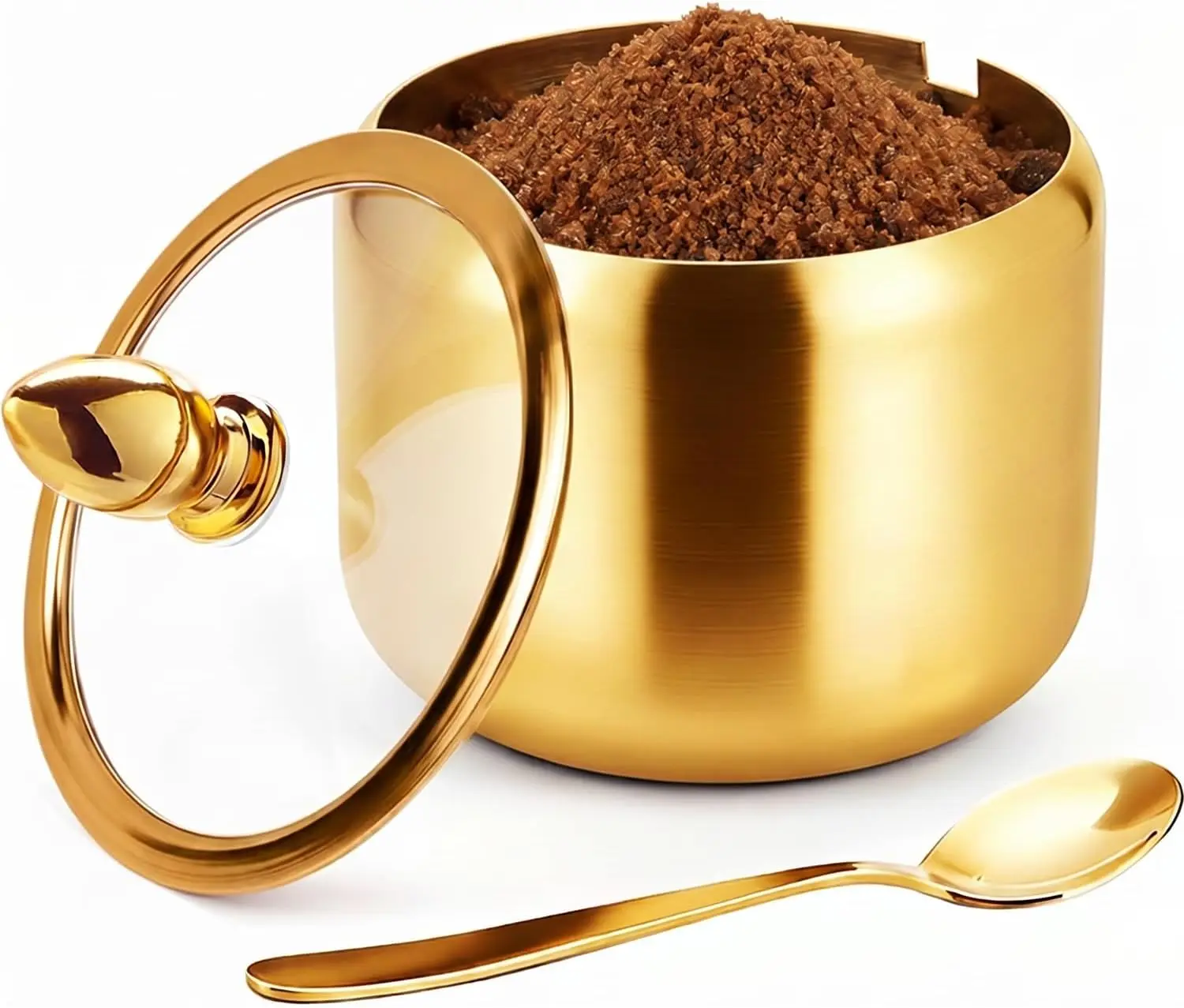 ACUDUDOMA Coffee Bar Accessories Sugar Container with Glass Lid and Spoon, 10oz Gold Sugar Bowl for Kitchen Storage, Sugar Jar for Salt, Candy, Coffee Bean, Gold
