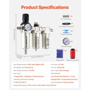 VEVOR Air Compressor Filter Regulator, 1/2 NPT 3-Stage 5m 0.3m 0.1m Air Drying System with Micron Filters and Desiccant Dryer, Auto Drain Air Compressor Water Separator 175PSI Max Pressure