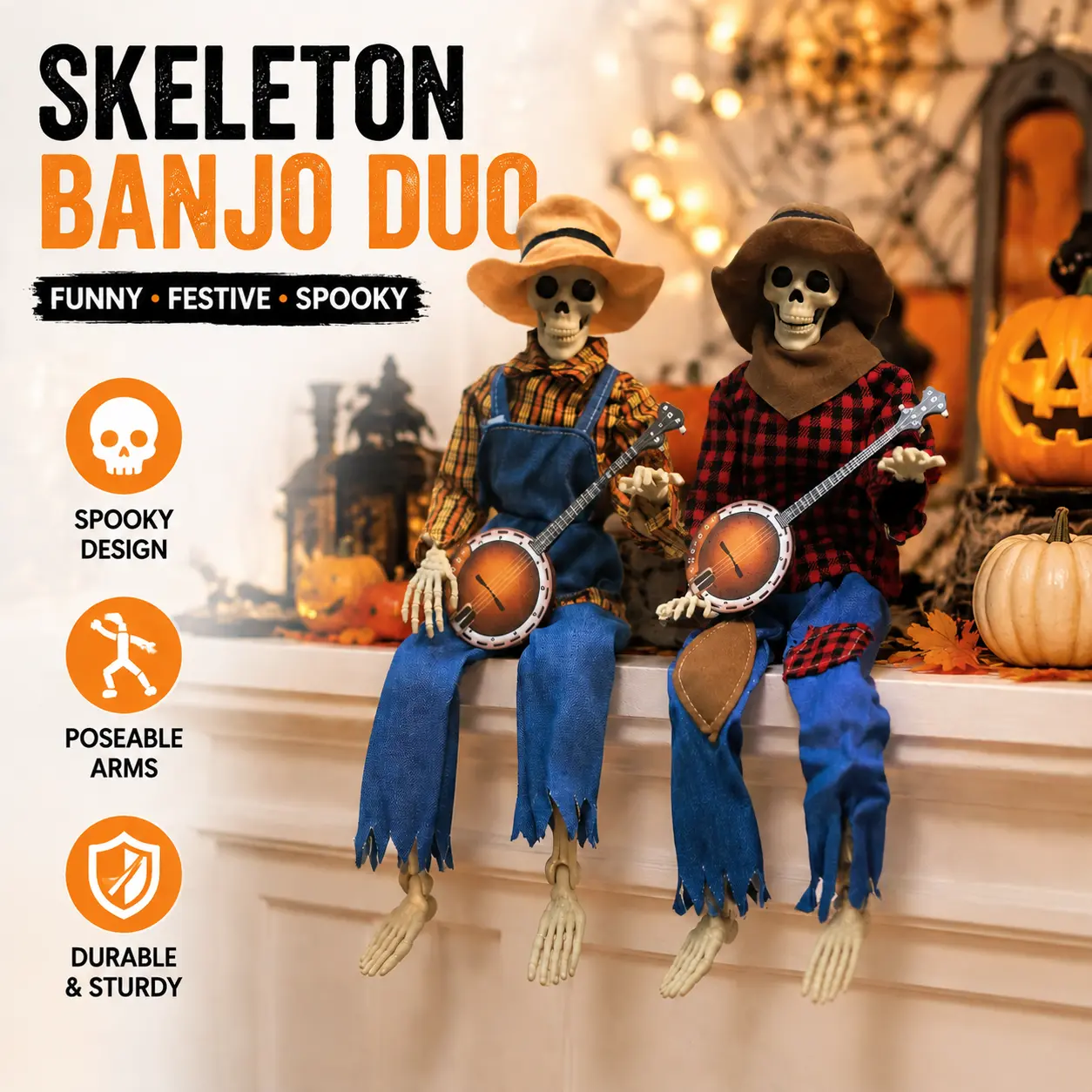 [Send a Halloween card]15.75in Compact Plastic Cowboy Skeleton Musician Ornament with Banjo - Funny Farmhouse Festive Decor Accessory for Desk, Entryway Haunted House, Portable Rustic Home Supplies, Ornaments, Decor Accessories