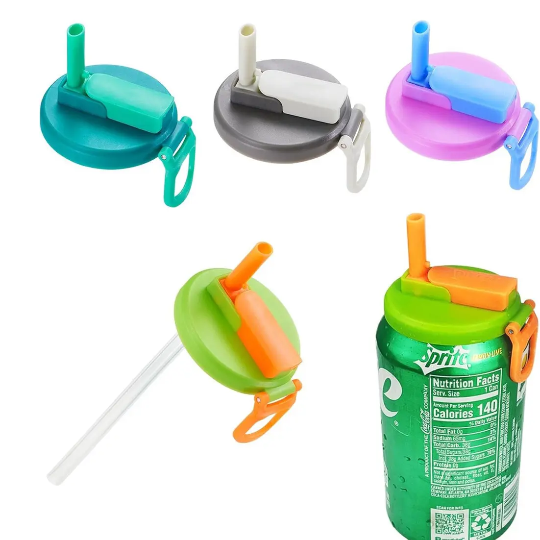 Reusable Silicone Soda Can Lids with Straws, BPA Free, 4 Pack, Multicolor, Reusable Drink Covers, for Sodas, Drinks, Juices, Seltzers, Drinkware, Straw Spout Lid