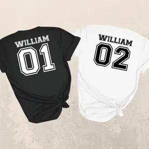 Custom personalized name and number shirt for couples and teams, aesthetic matching varsity style tee with bold back print, comfortable cotton blend tshirt for unisex casual wear, trendy custom gift t-shirt for anniversaries or birthdays