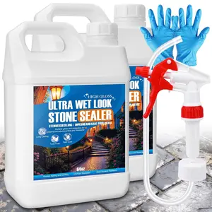 Wet Look Stone Sealer, 128oz Concrete Sealer with Sprayer - Water-Based, Low Odor, Ultra Gloss Finish, Paver Sealer for Concrete, Slate, Walls, Stone, Brick, Floor, Driveway etc