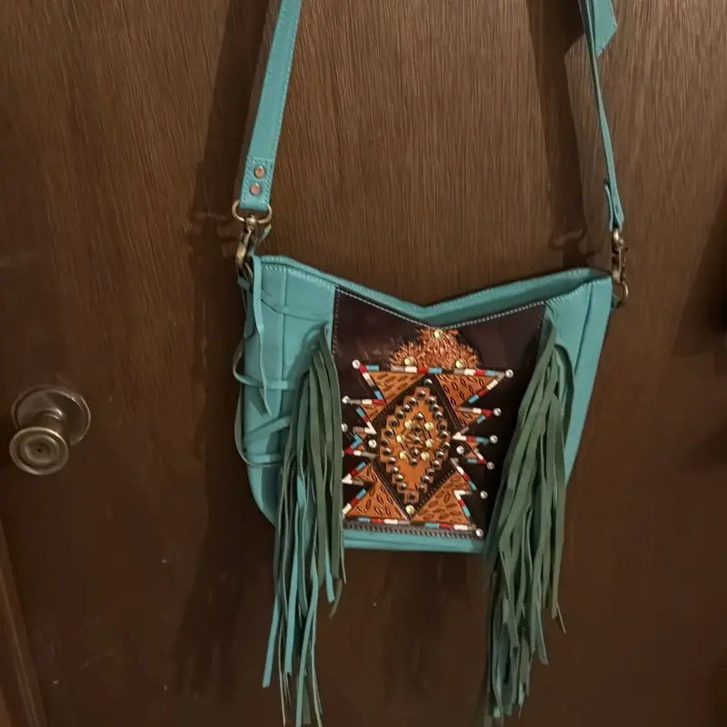 Trendy Teal Fringe Crossbody Bag with Beaded Design and Adjustable Strap for Everyday Use