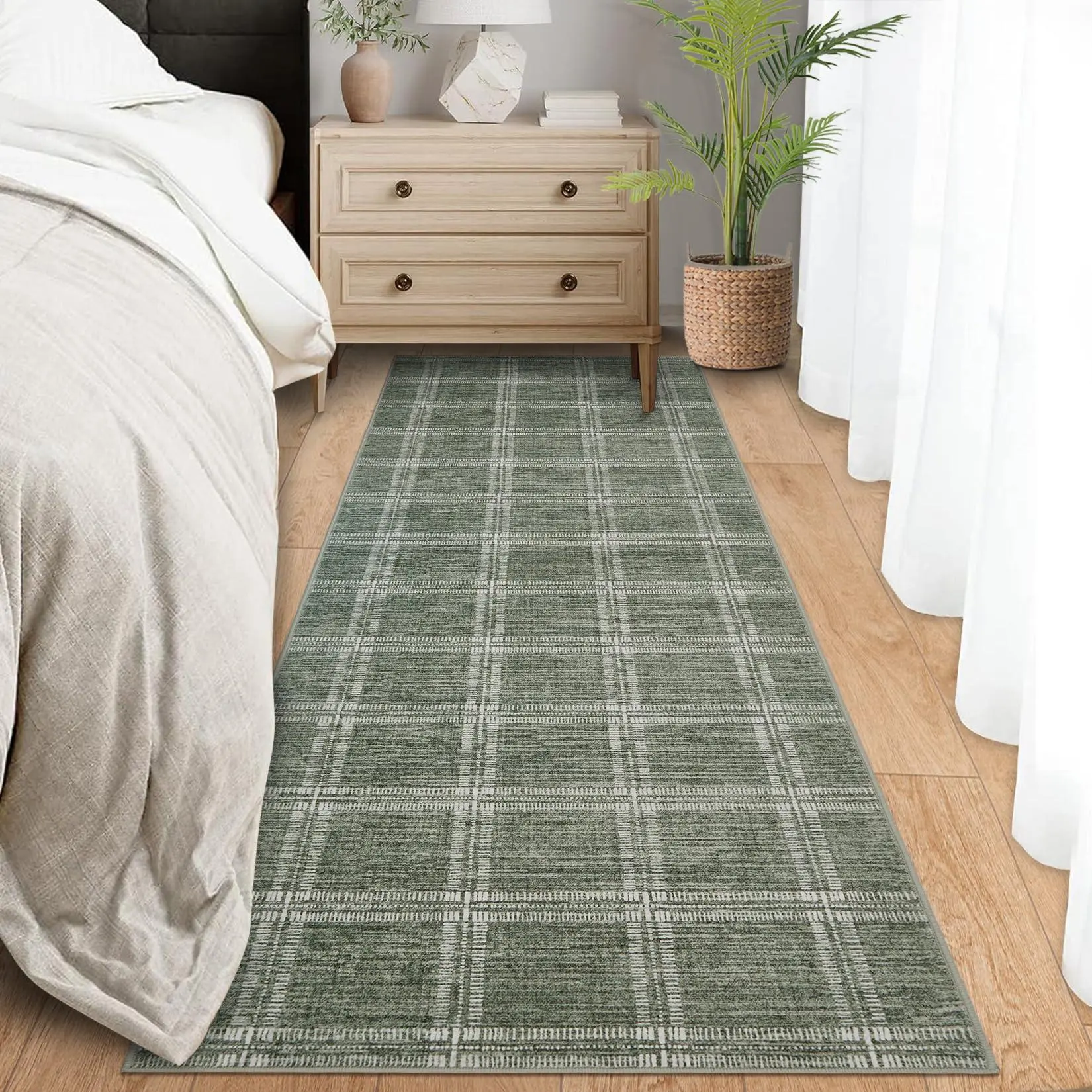 GARVEE Green Checkered Kitchen Rugs, 2x6 Washable Non Slip Hallway Runner, Ultra Thin Indoor Modern Farmhouse Carpet, Low Pile Stain Resistant Floor Cover for Laundry Bedroom Bathroom