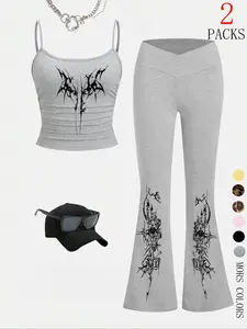 Women's Y2K Style Crop Top & Slim Fit Flare Pants Set, Pop Art Print, Long Sleeve, Casual Streetwear, Fall & Winter Fashion