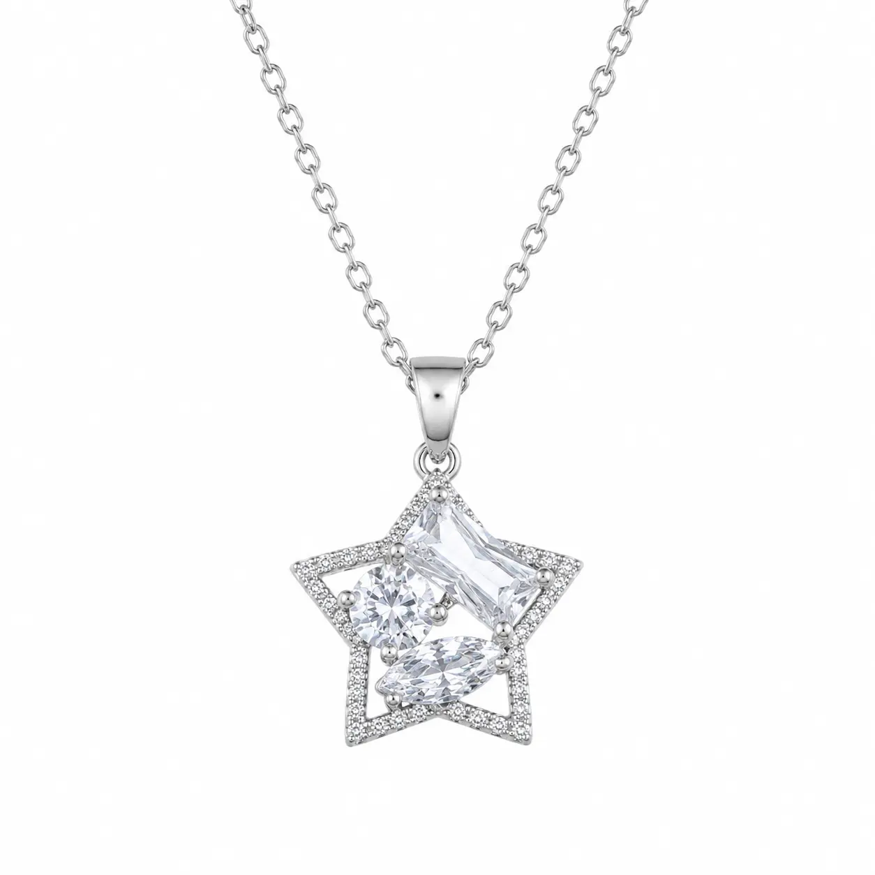 Women's Modern Star Frame Pendant Necklace - Mixed Cut Cubic Zirconia, Sparkly Embellishments Necklaces, Sweet Style Everyday Celestial Costume Jewelry Accessory