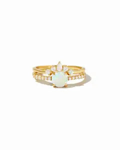 Sami Jewels Opal Ring with Matching Band, Sold as Set, 925 Sterling Silver plated 14k Gold or Rhodium, Sizes 4-10, Lab Created Opal Stone