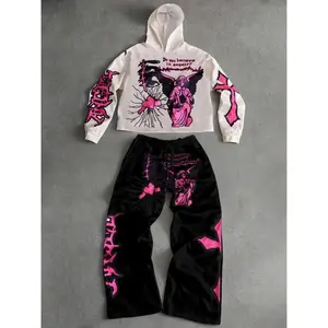 Trendy Y2K Gothic Two-Piece Set, Angel Graphic Hoodie & Loose-Fit Pants, Streetwear for Daily Wear & Parties